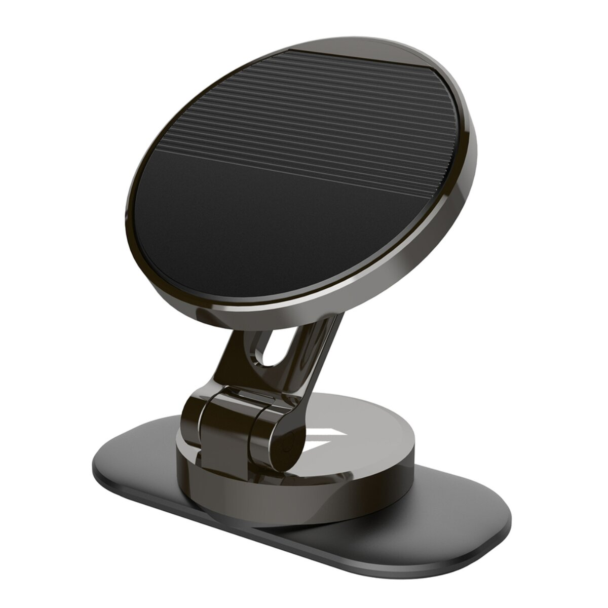 Ein schwarzer magnetischer Handyhalter mit einem drehbaren Arm und einer runden Basis.