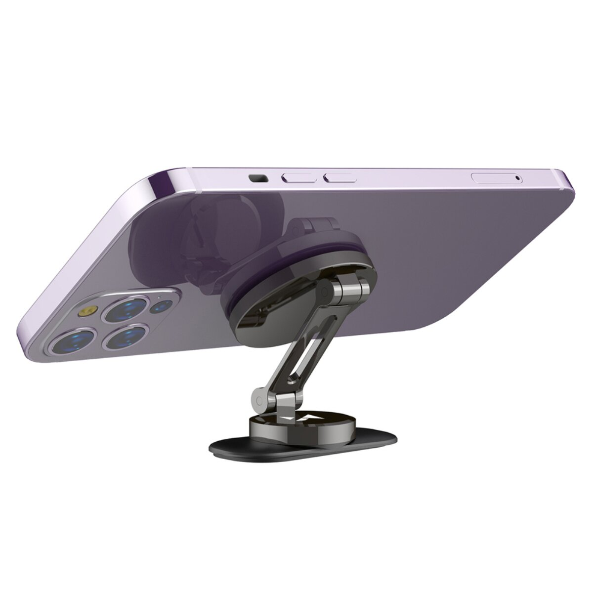 Ein violetter Smartphone-Halter mit Schwanenhalsarm und Saugfuß.