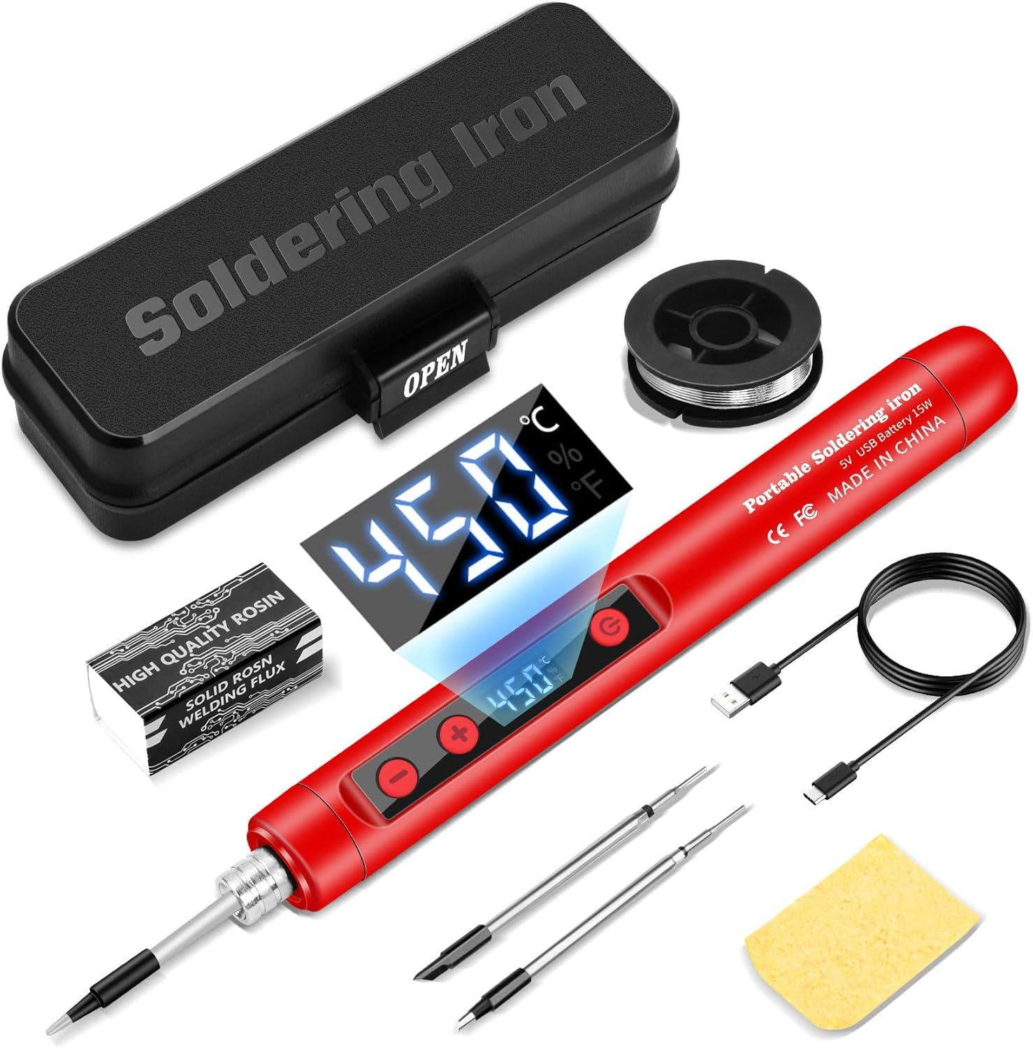 Rotes USB-Lötkolben-Kit mit Digitalanzeige, Koffer, Draht, Flussmittel, Schwamm und Spitzen.