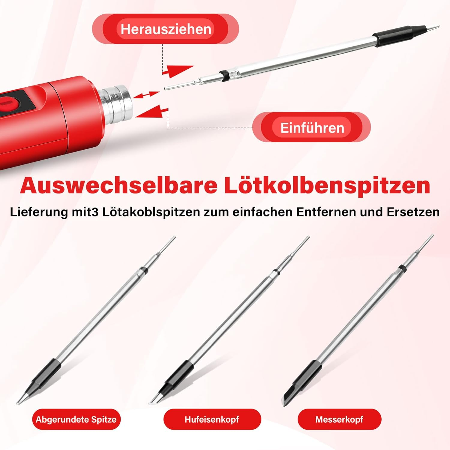 Ein roter Lötkolben mit drei auswechselbaren Spitzen: rund, Hufeisen, Messer.