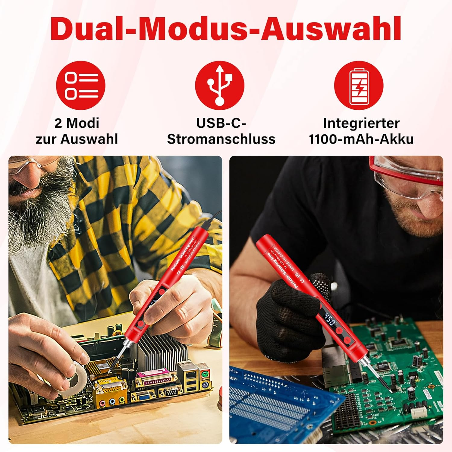 Zwei Männer reparieren Leiterplatten mit einem roten Lötgerät mit digitaler Anzeige.