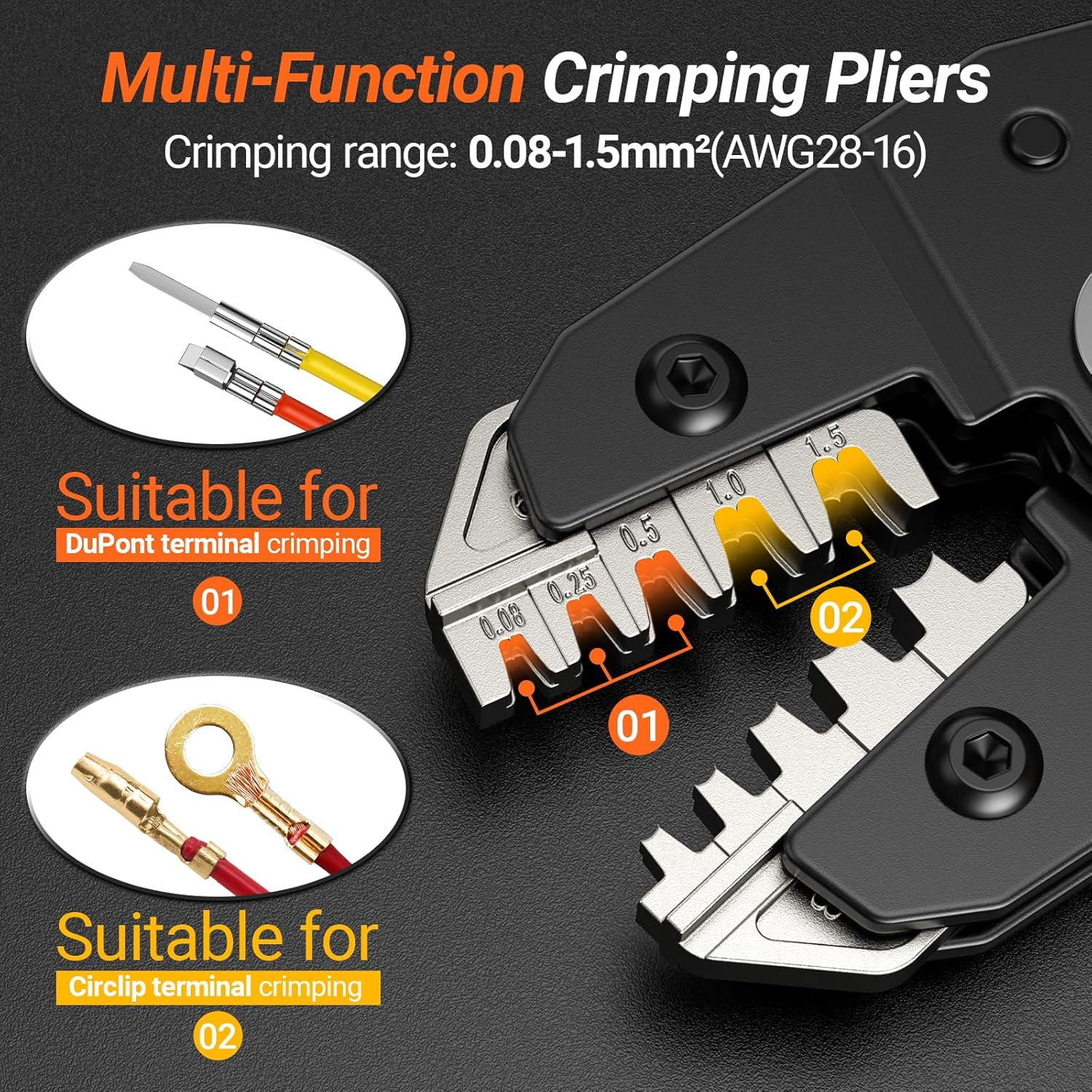 Multifunktions-Crimpzange mit Bereich 0,08-1,5 mm². Zeigt DuPont- und Circlip-Klemmen.