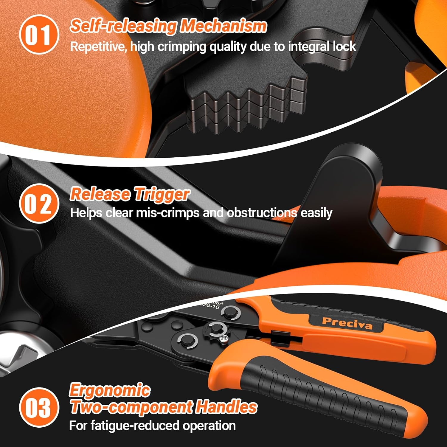 Detailansichten eines Werkzeugs mit orangefarbenen Griffen und Selbstauslösemechanismus.