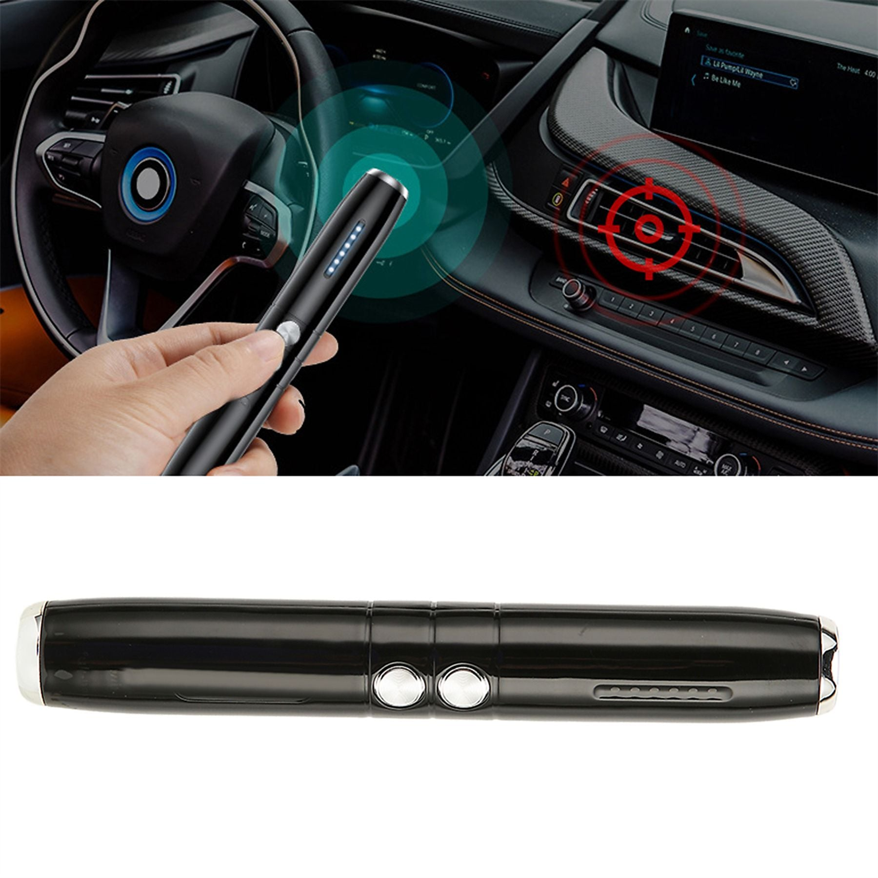 Ein schwarzer Stift wird in einem Auto gehalten, mit blauen und roten Kreisen.