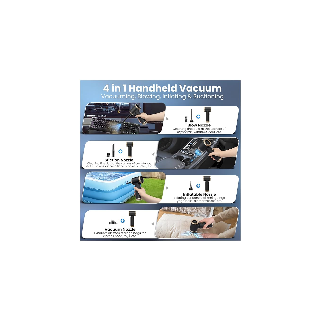 Handlicher 4-in-1-Staubsauger mit vier Aufsätzen: Saugen, Blasen, Aufpumpen, Absaugen.