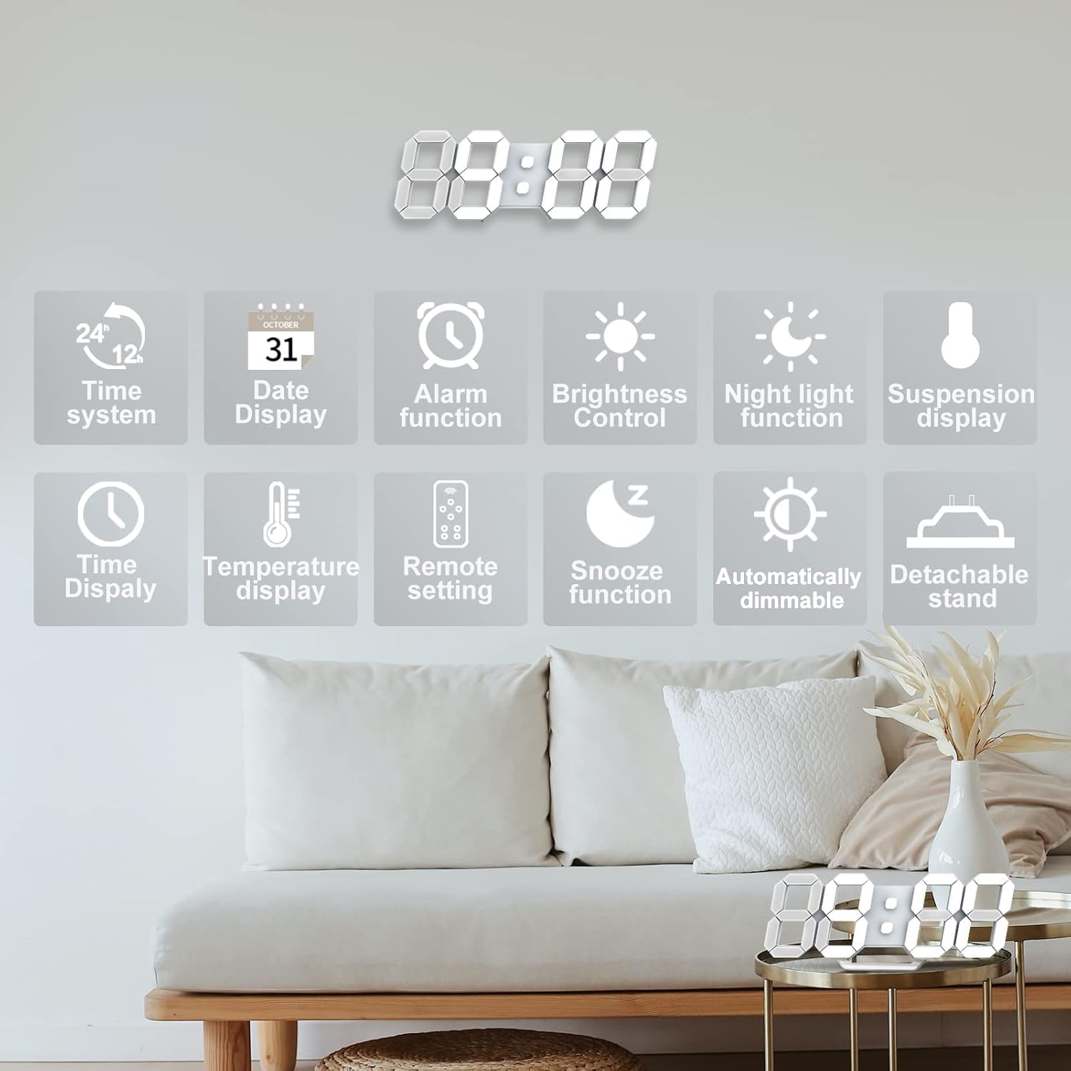 Digitale Uhr mit Funktionen: Zeitanzeige, Datum, Alarm, Helligkeit, Nachtlicht, Temperatur, Snooze.