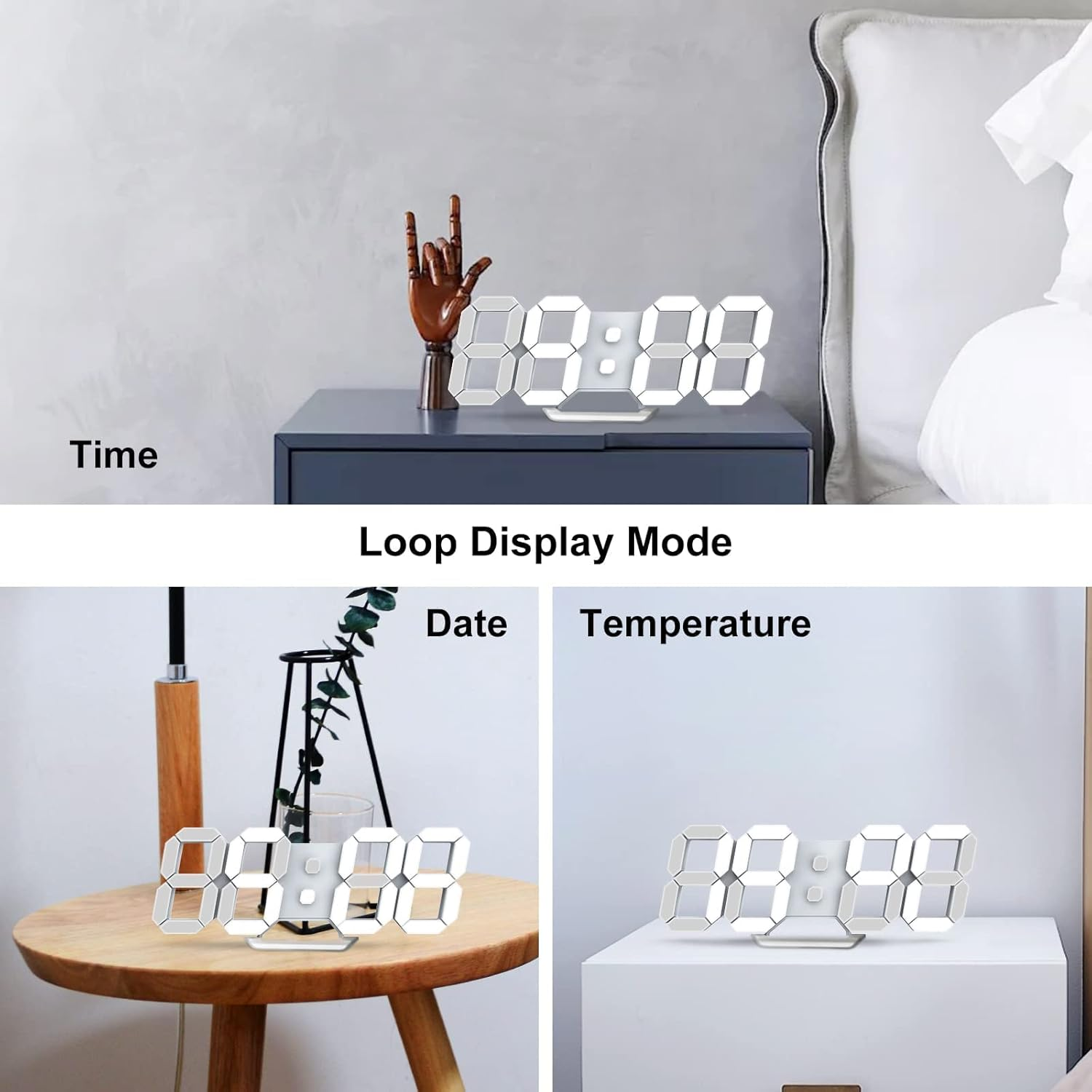 Moderne digitale Uhren zeigen Zeit, Datum und Temperatur auf Nachttischen an.