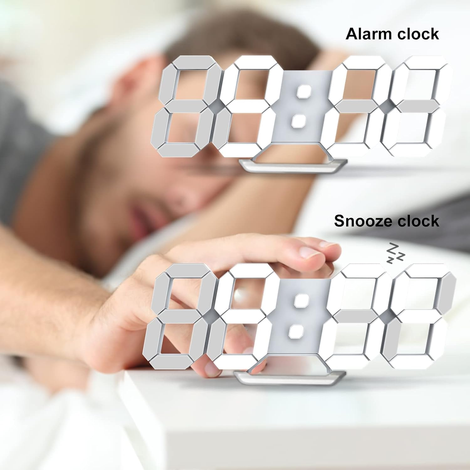 Digitaluhr zeigt 8:00 Uhr. Person schläft. "Alarm clock" und "Snooze clock" Beschriftung.