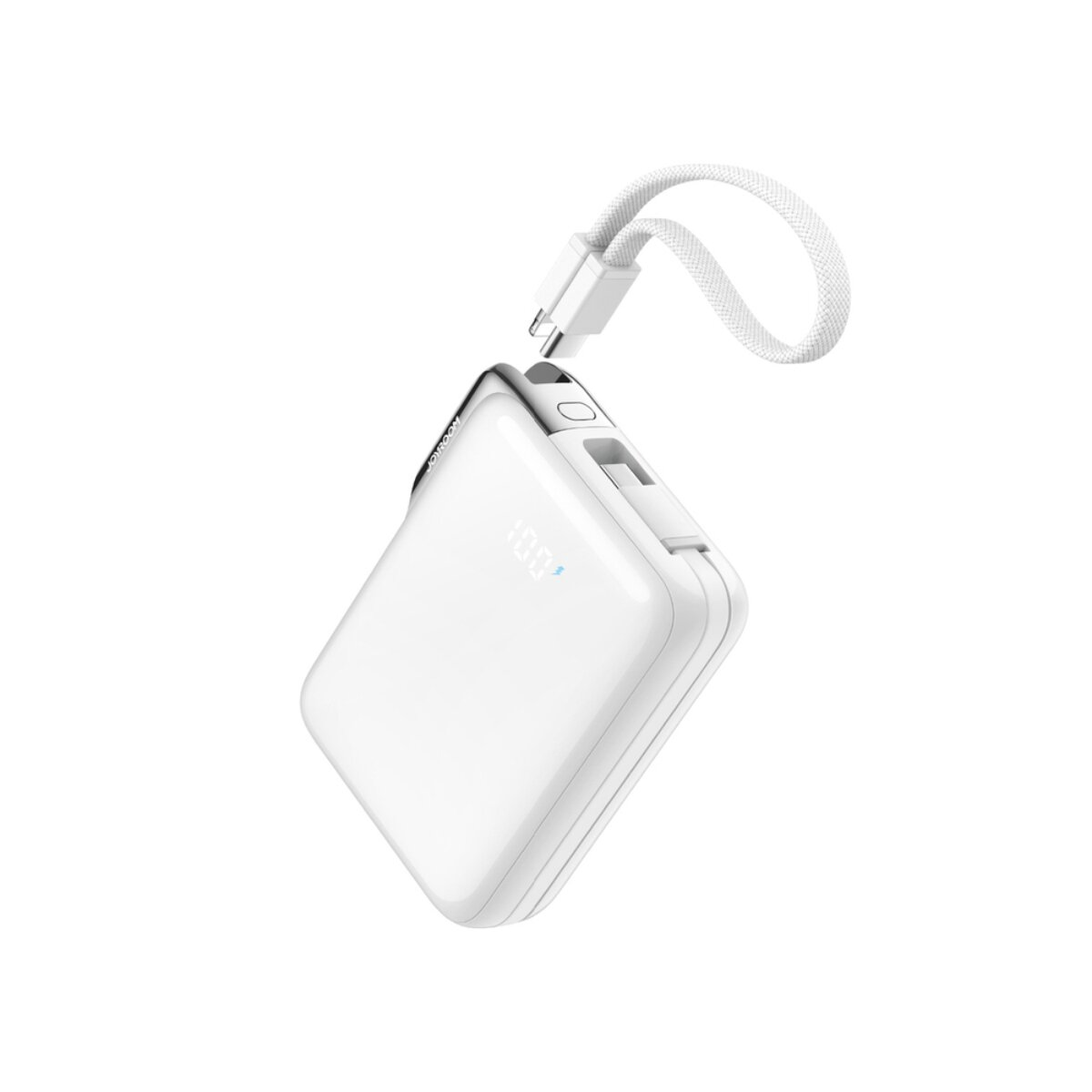 Ein weißes tragbares Ladegerät mit weißem Riemen und USB-C-Kabel wird gezeigt.