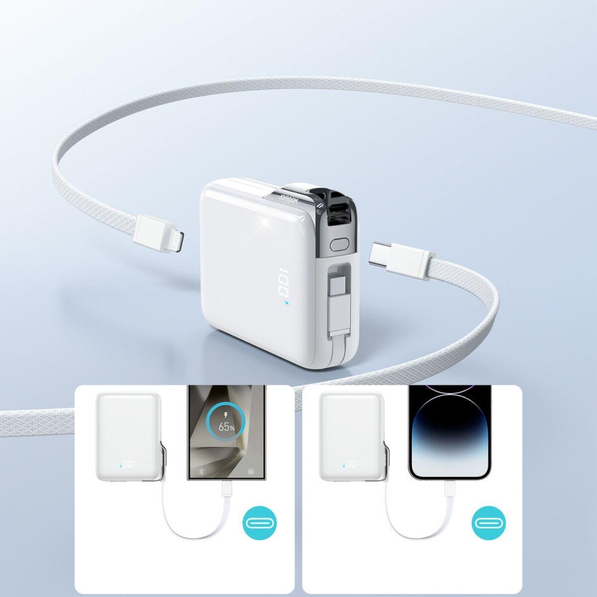 Ein weißes Powerbank-Gerät mit Kabeln, das ein Smartphone lädt.
