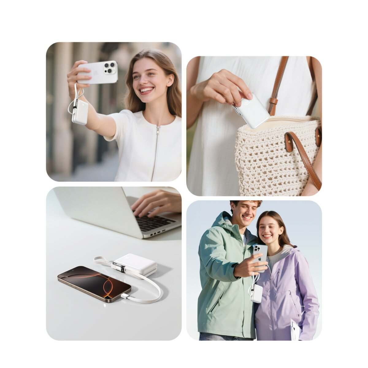 Vier Szenen: Frau macht Selfie, Frau packt Powerbank ein, Handy wird geladen, Paar macht Selfie.