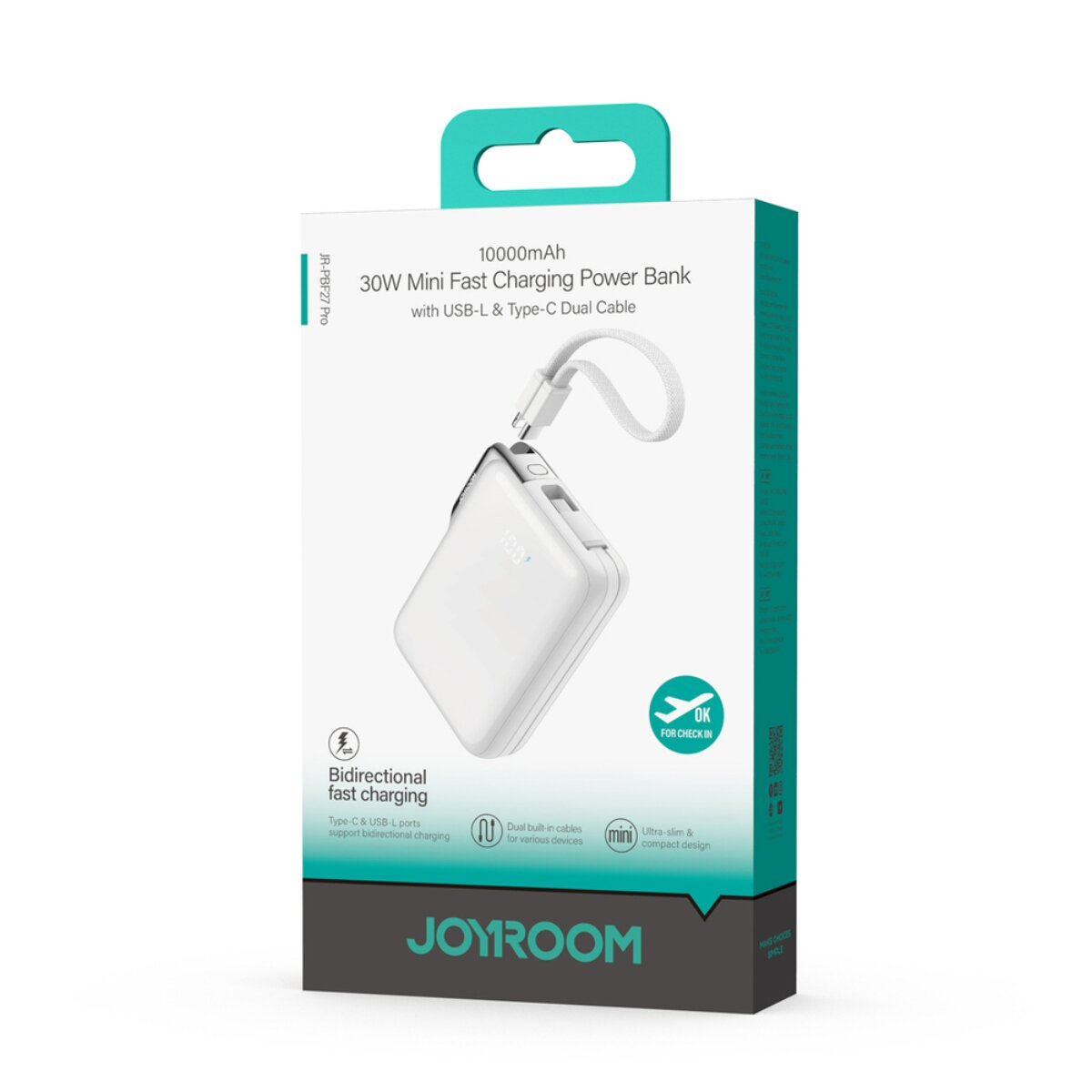Weiße Powerbank mit 10000mAh, 30W, USB-L/Typ-C-Kabel, auf Verpackung