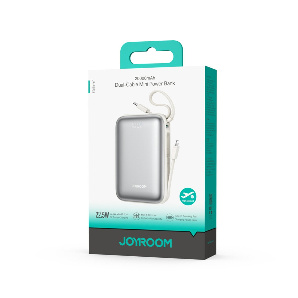 Silberne Joyroom Powerbank mit 20000mAh und Kabeln auf der Verpackung.