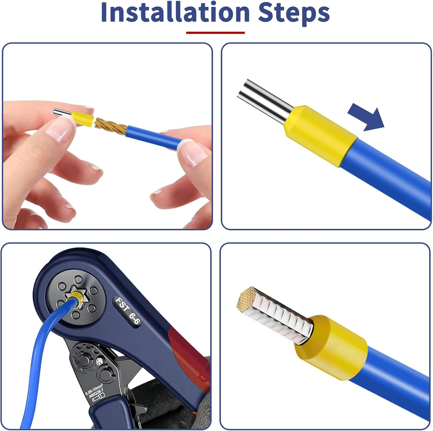 Schritt-für-Schritt-Anleitung zur Installation: Abisolieren, einführen, crimpen und fertiger Draht.