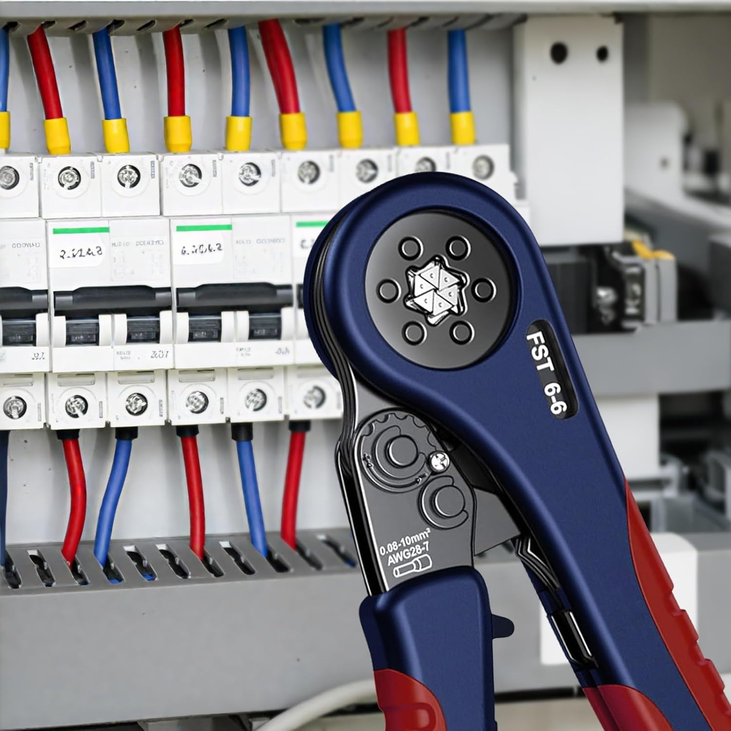 Eine blaue und rote Crimpzange liegt vor einem elektrischen Schaltschrank mit vielen Sicherungen.