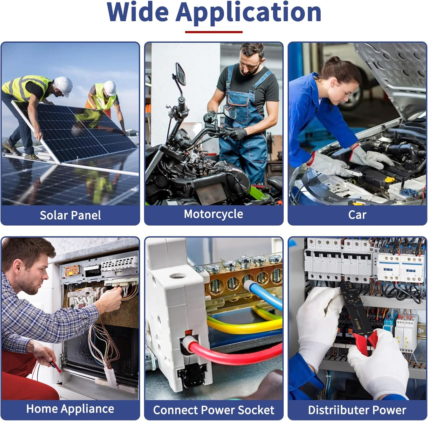 Menschen installieren Solarmodule, arbeiten an Motorrad, Automotor, Haushaltsgerät, Steckdose und Verteilerkasten.