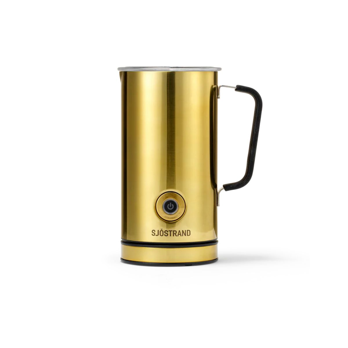 Goldener Milchaufschäumer mit schwarzem Griff und Power-Knopf.
