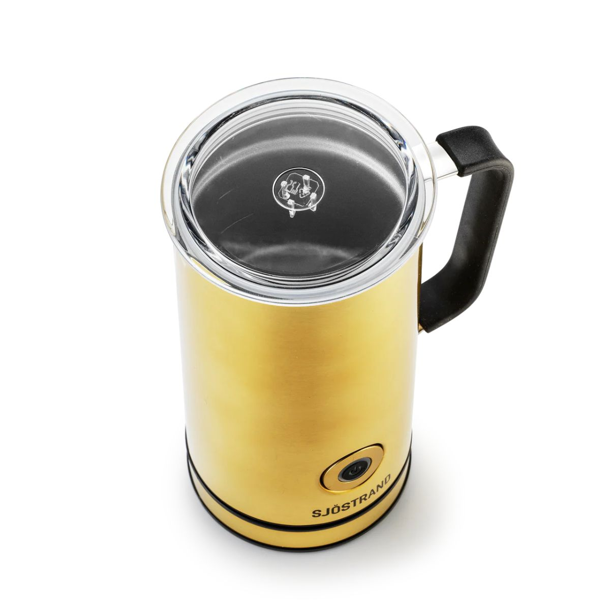 Ein goldener Milchaufschäumer mit schwarzem Griff und Glasdeckel.