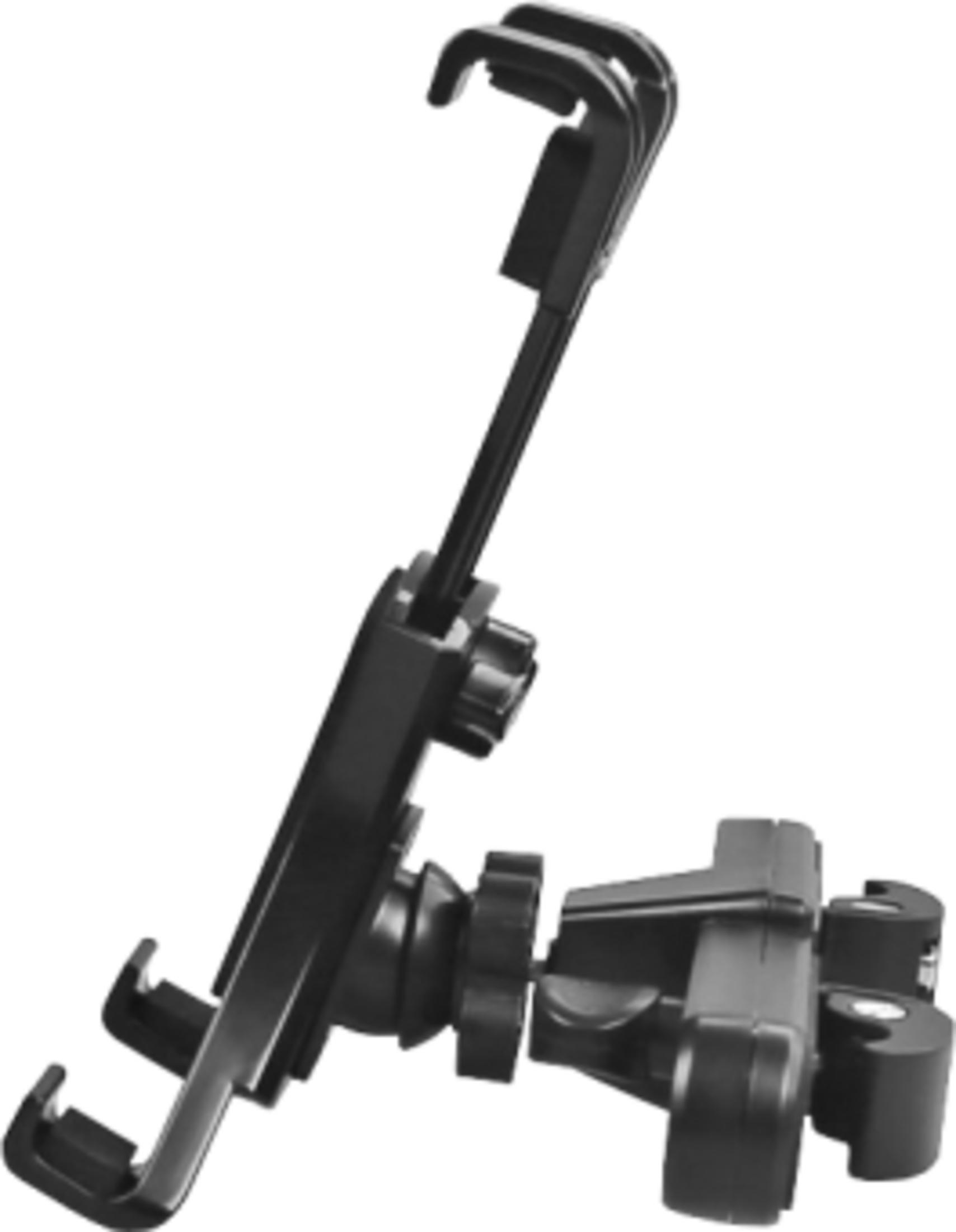 Soporte para tableta negro con junta ajustable y base de abrazadera.