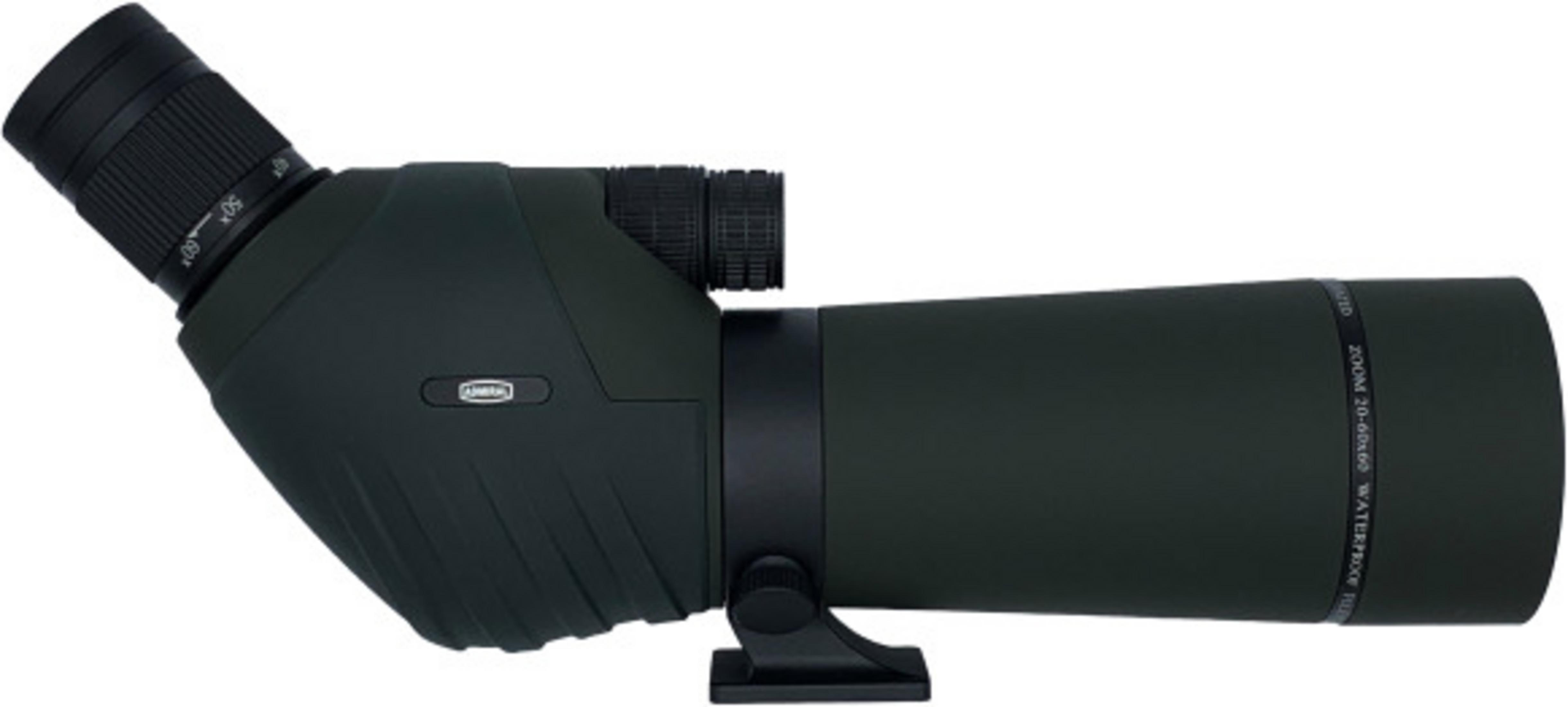Un cannocchiale terrestre verde scuro con zoom 20-60x60 e attacco.