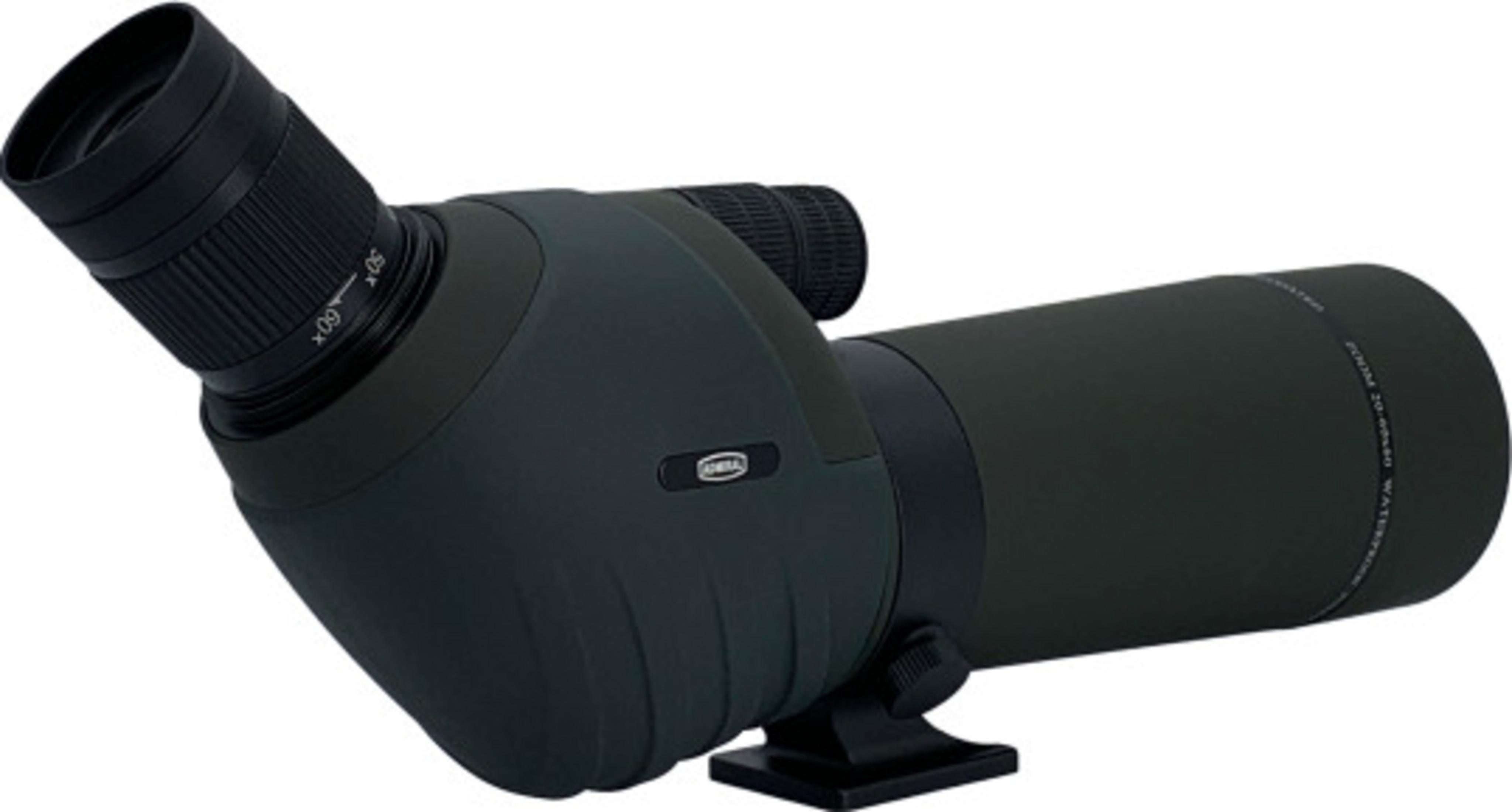 Un cannocchiale terrestre verde scuro con oculare nero e impugnatura testurizzata sull'anello dello zoom.