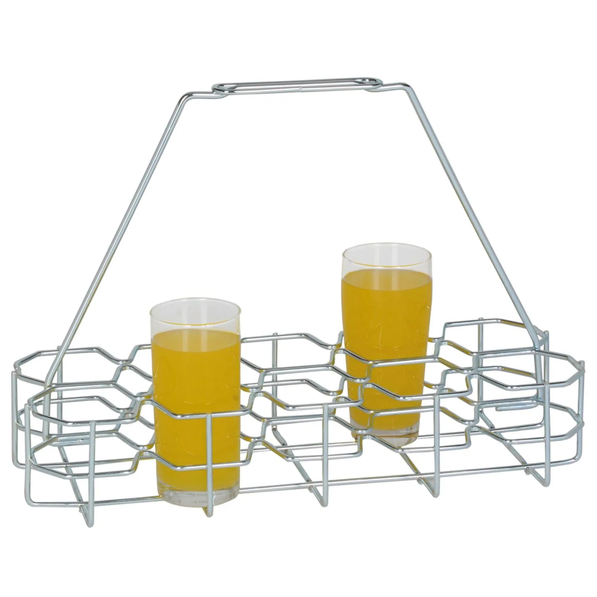 Un porta bicchieri in filo metallico argentato con due bicchieri di succo d'arancia, su sfondo bianco.