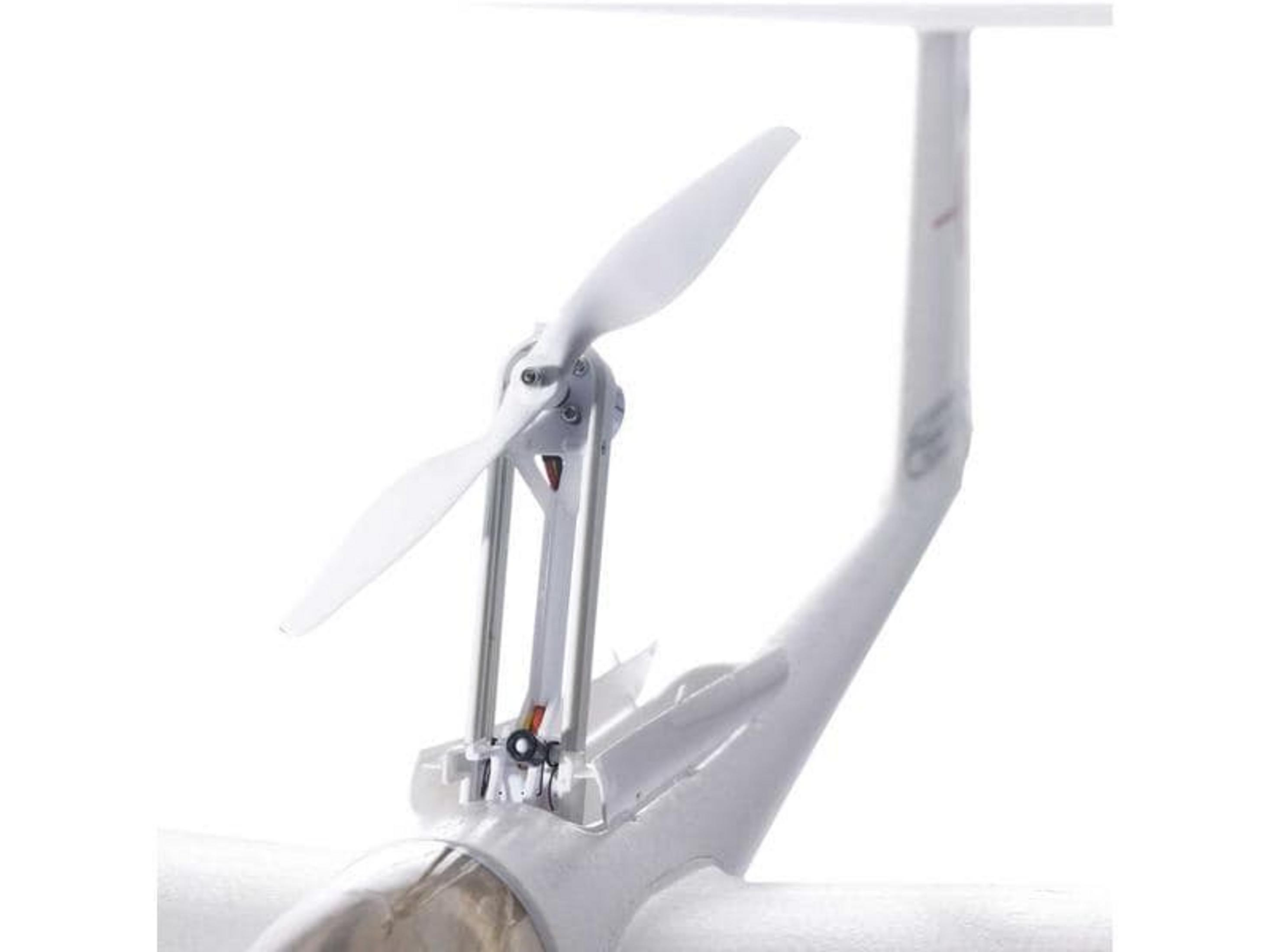 Gros plan d'une hélice de drone blanche et du train d'atterrissage sur fond blanc.
