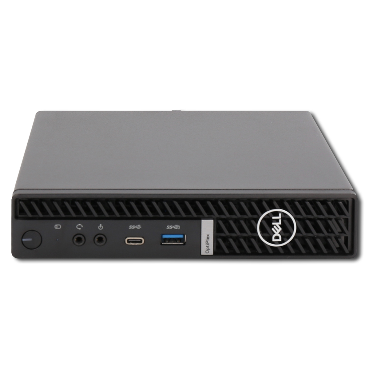 Schwarzer Dell OptiPlex Desktop mit USB-Anschlüssen und Power-Knopf.
