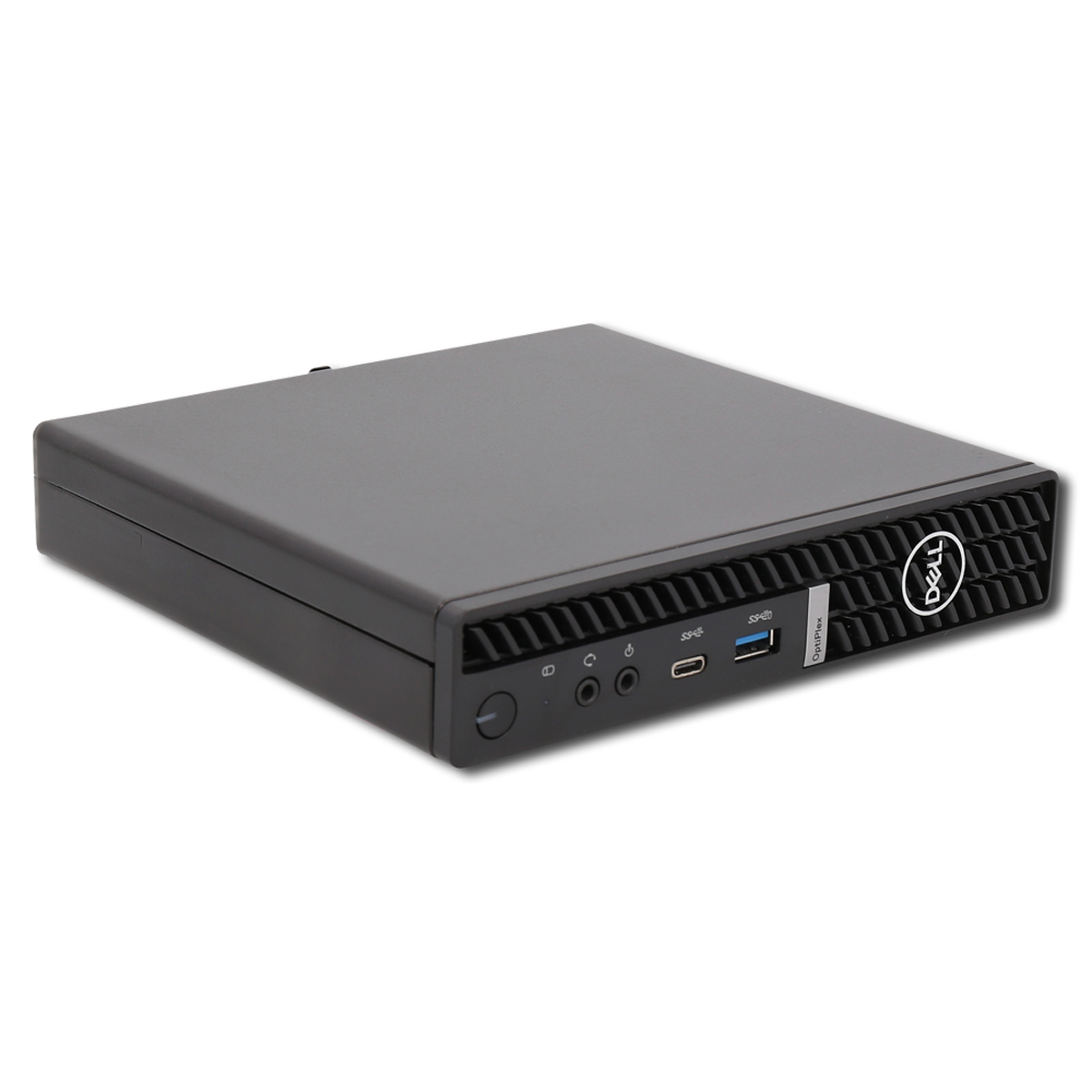 Ein schlanker schwarzer Dell OptiPlex Desktop-Computer mit Anschlüssen vorne.