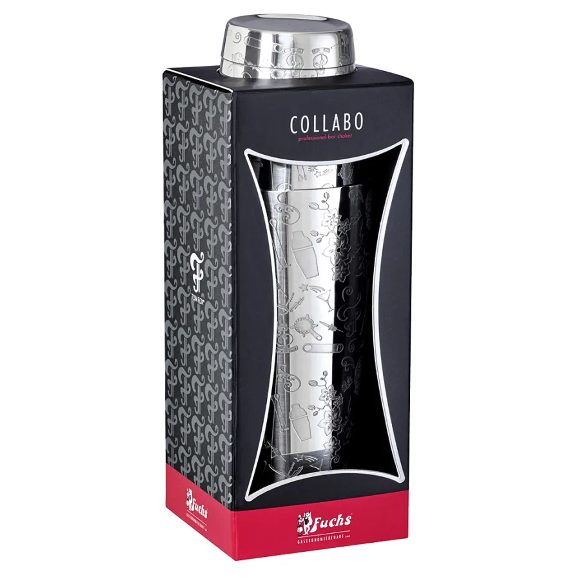 Uno shaker per cocktail argentato con incisioni in una scatola nera e rossa.