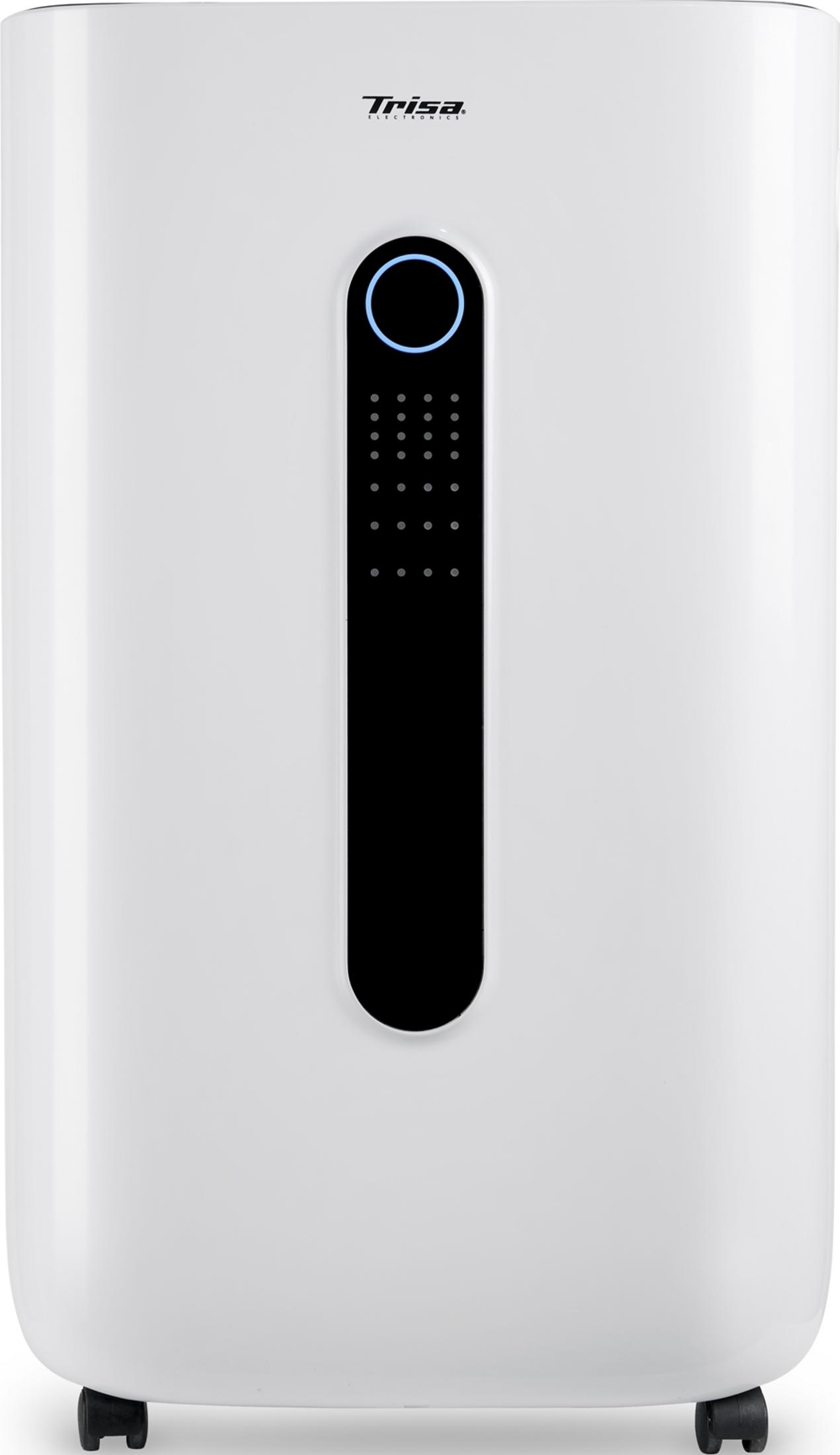 Un purificatore d'aria bianco con pannello di controllo nero e luci blu.