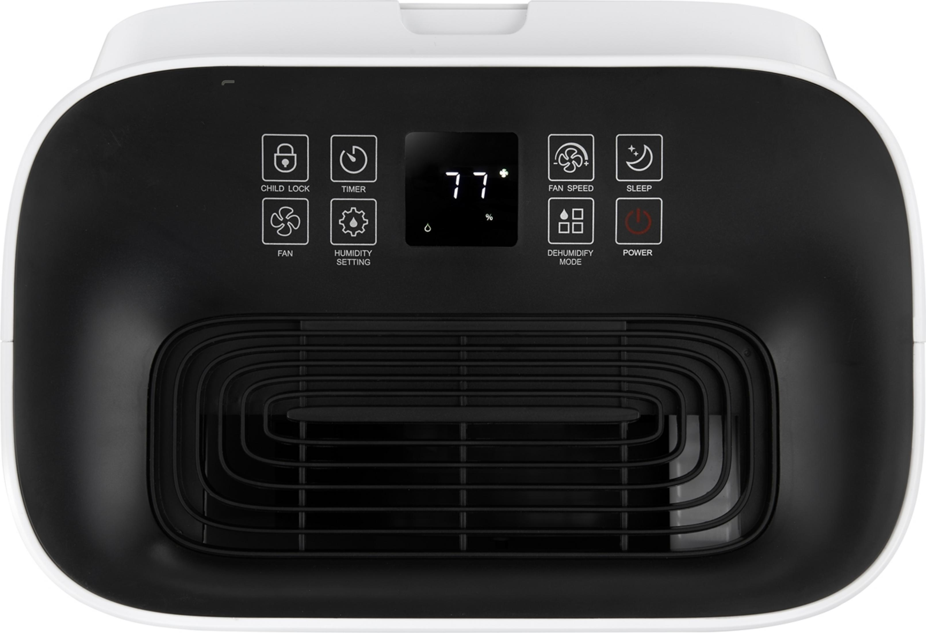 Un deumidificatore bianco con pannello di controllo nero e griglia di ventilazione.
