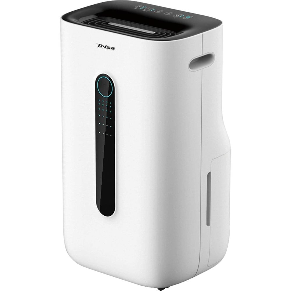 Un deumidificatore bianco con parte superiore nera e display digitale.