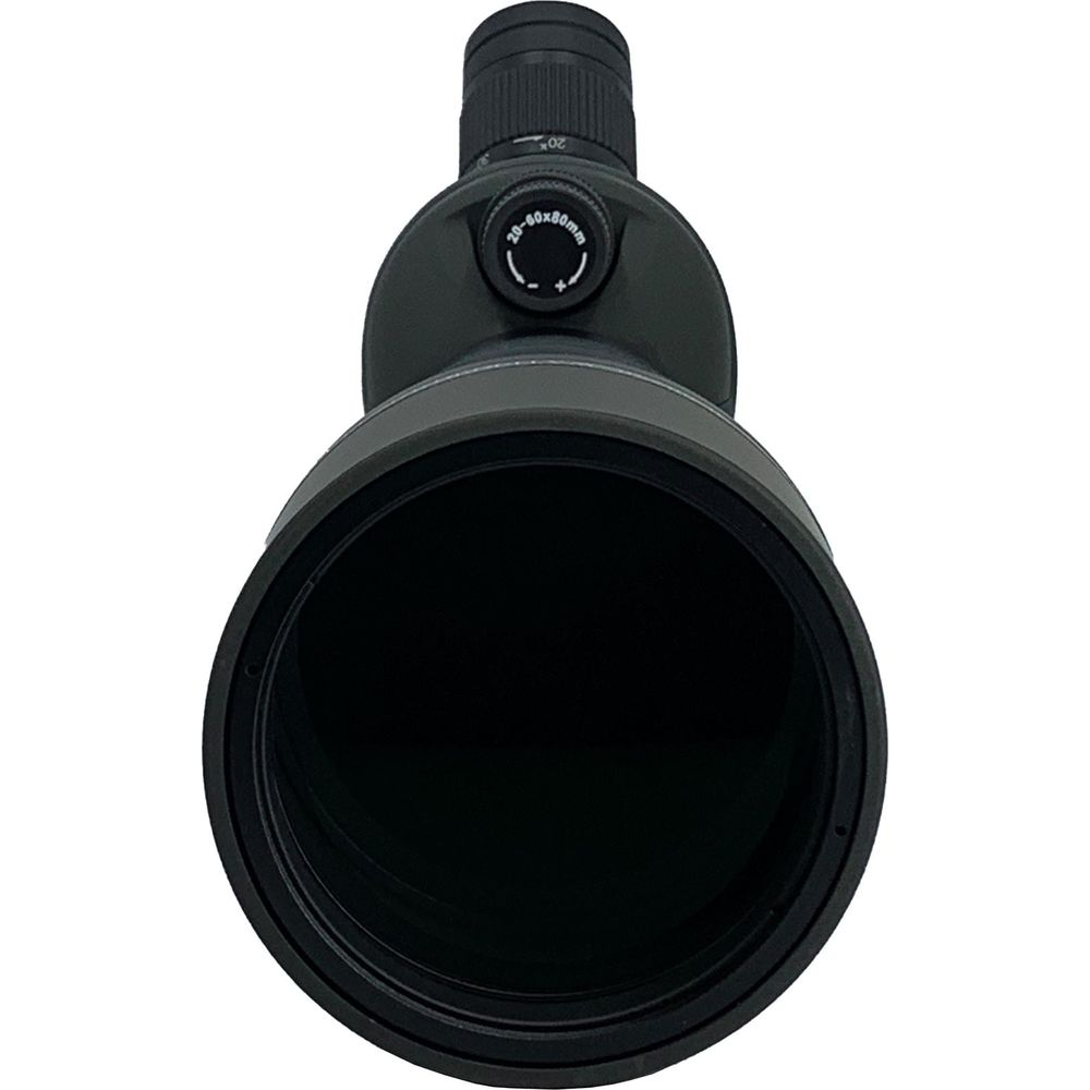 Schwarzes Spektiv mit Zoomring, Beschriftung 20-60x80mm. Die Frontlinse ist groß und dunkel.