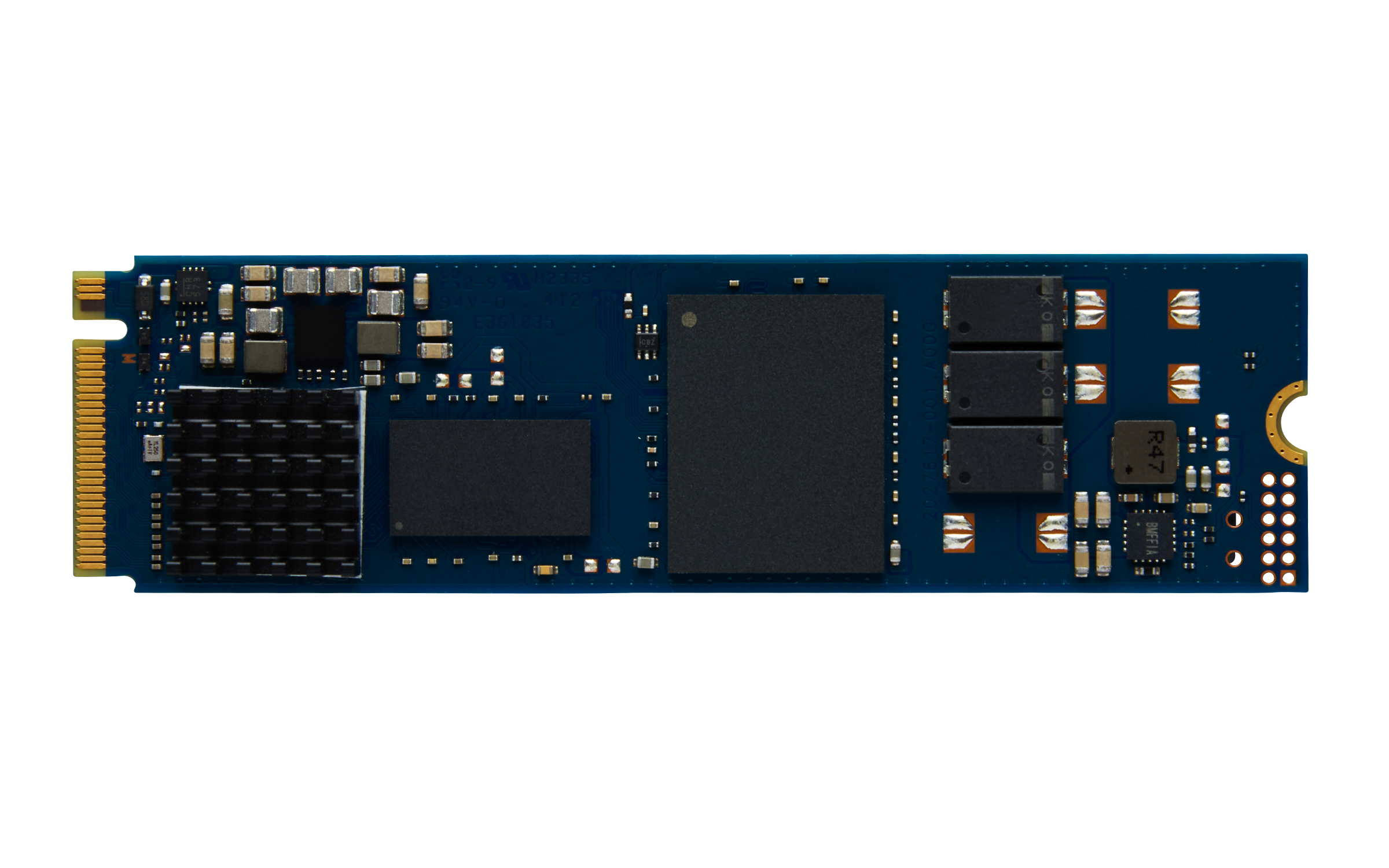 Una placa azul con chips negros, un conector dorado y muchos componentes pequeños.