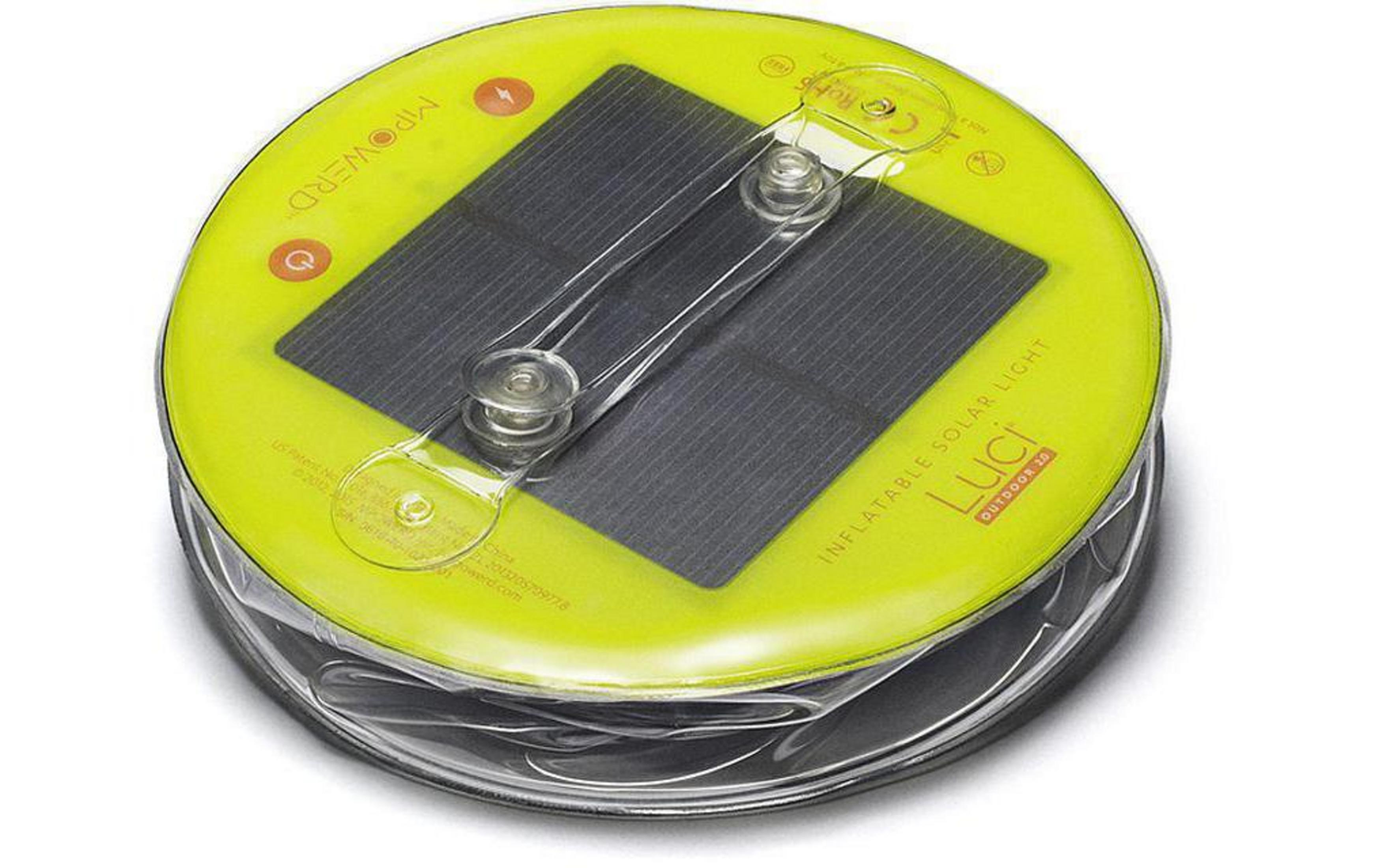 Eine gelbe, aufblasbare Solarleuchte mit schwarzem Solarpanel und transparentem Band.