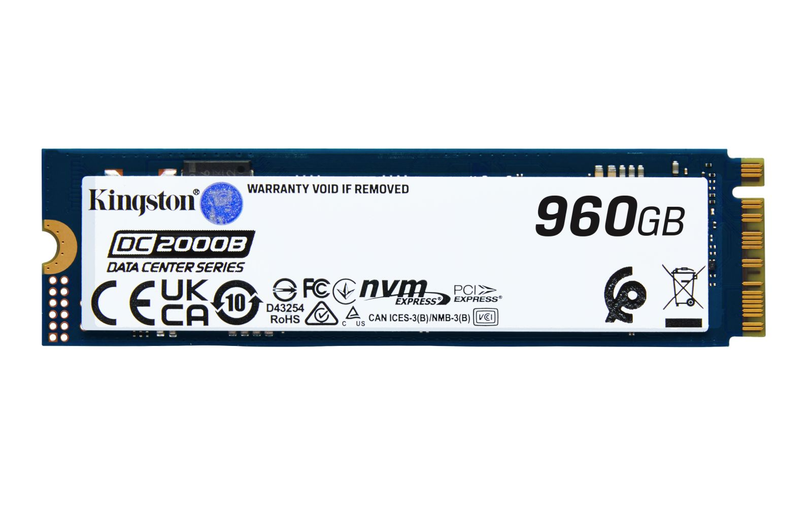 Kingston DC2000B 960GB NVMe SSD with CE, UKCA, FC, RoHS, and PCI-e markings.
