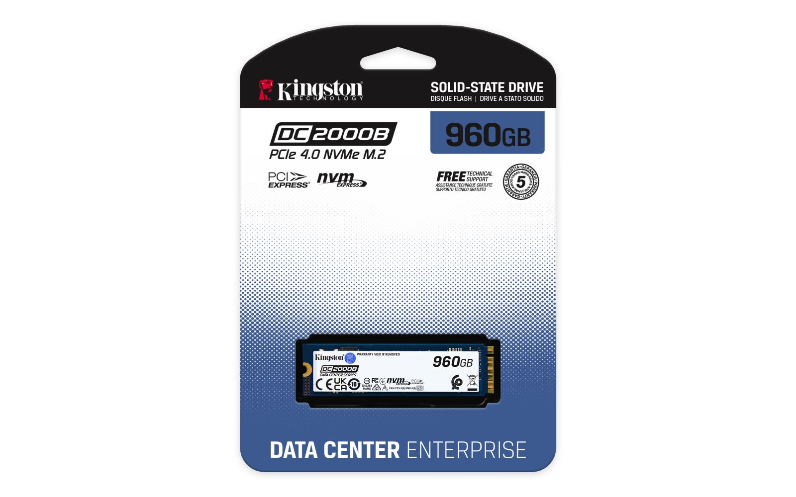 Kingston DC2000B 960GB M.2 NVMe SSD in packaging showing product features.