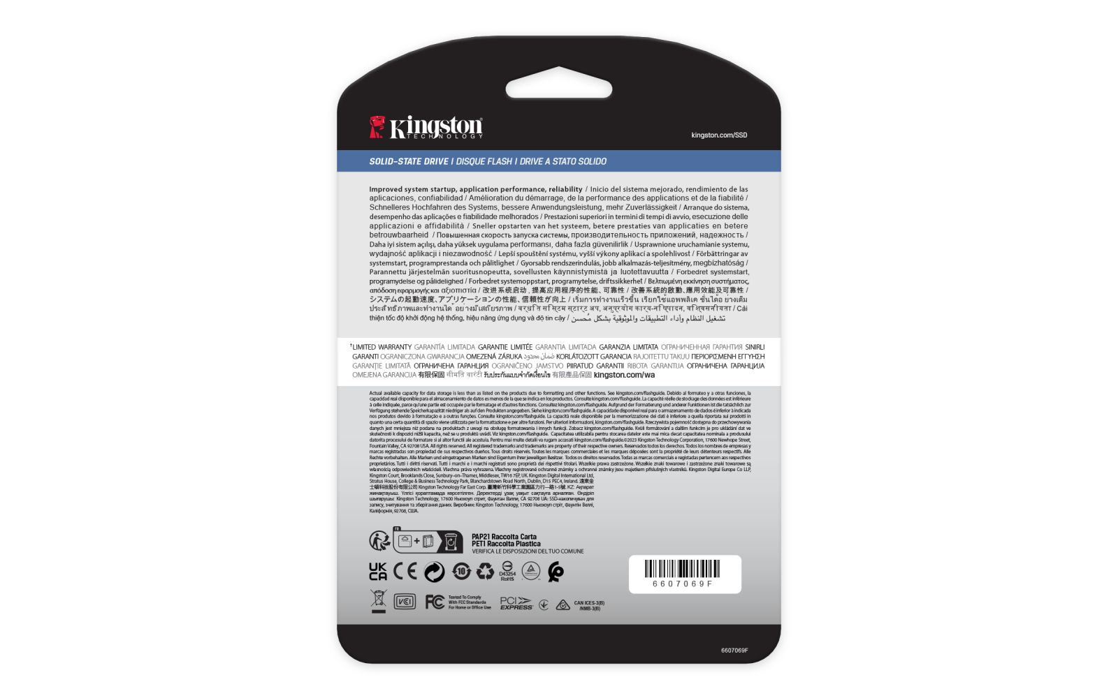Kingston SSD packaging with product details and warranty information.