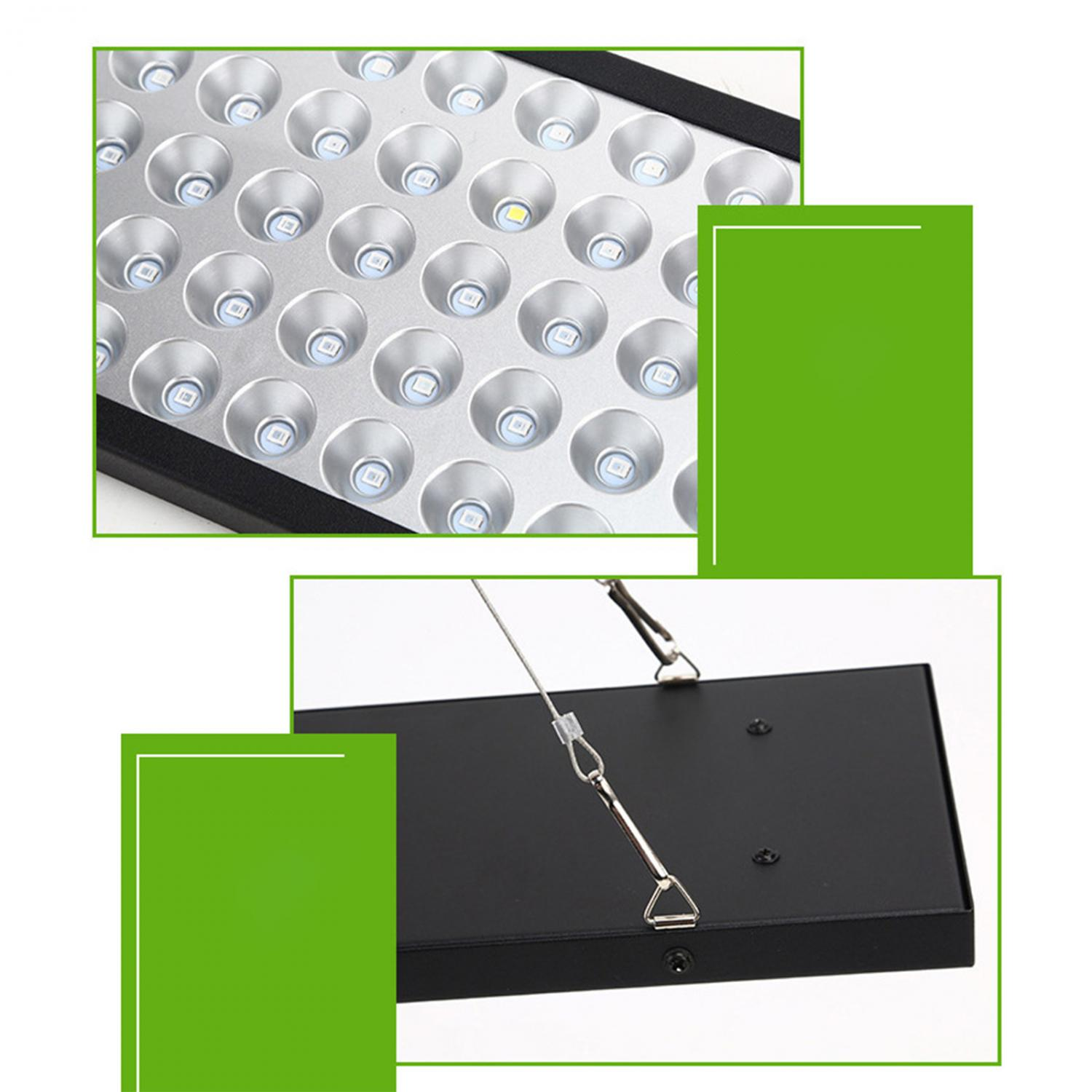 Nahaufnahme einer LED-Wachstumslampe, Vorderseite mit vielen LEDs, Rückseite mit Aufhängung.