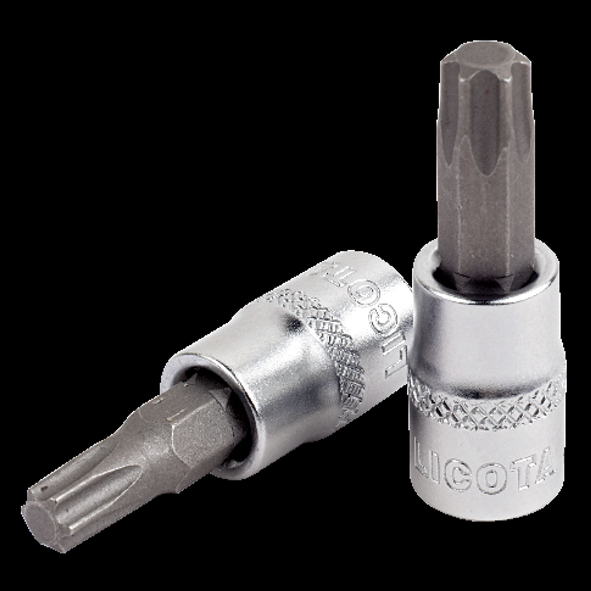 Due punte Torx metalliche con gambo esagonale su sfondo nero.