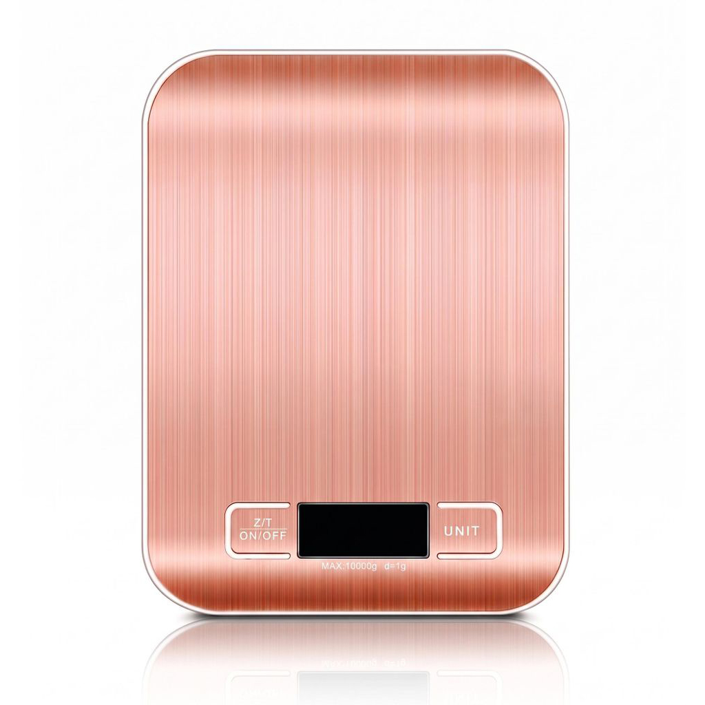 Eine roségoldene Küchenwaage mit einem schwarzen Display und Tasten.
