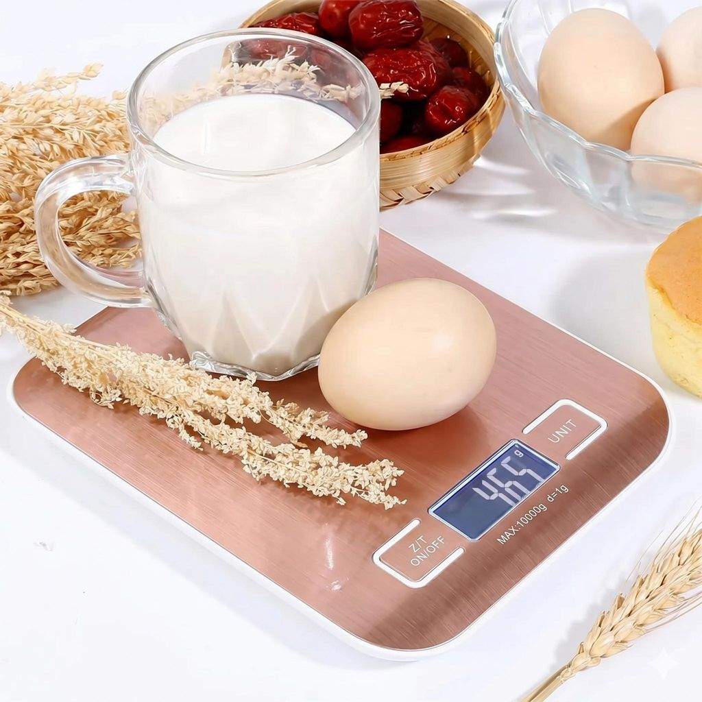 Eine Waage zeigt 46,5 g an. Darauf stehen ein Glas Milch, ein Ei und getrockneter Weizen.