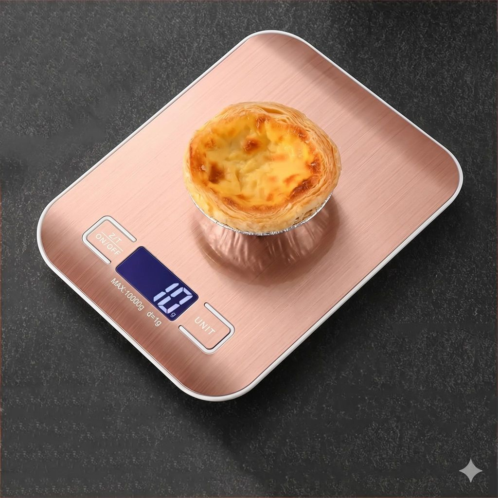 Ein goldbraunes Eierkuchen sitzt auf einer roségoldenen Digitalwaage, die 10g anzeigt.