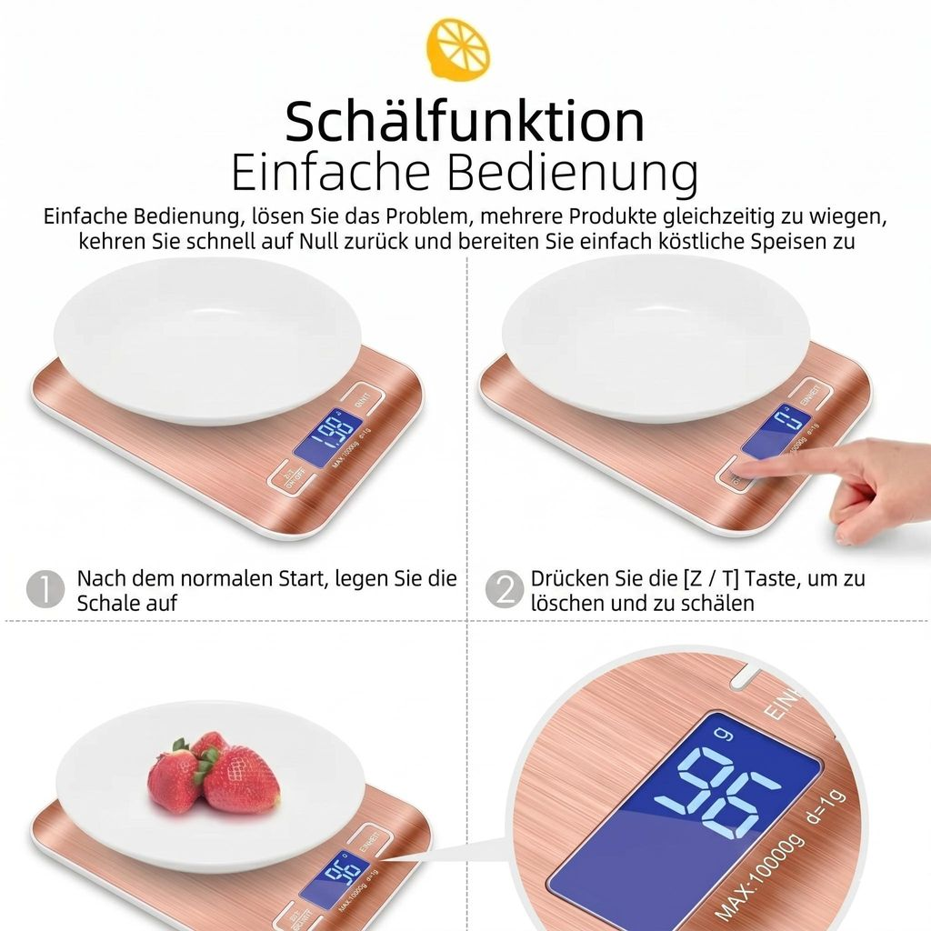 Küchenwaage mit Schüssel und Erdbeeren, zeigt 1.9g, 0g und 96g an.