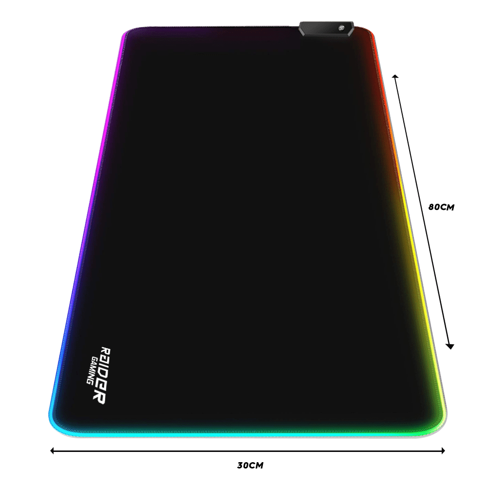 Black gaming mousepad with RGB lighting and "RAIDER GAMING" logo.