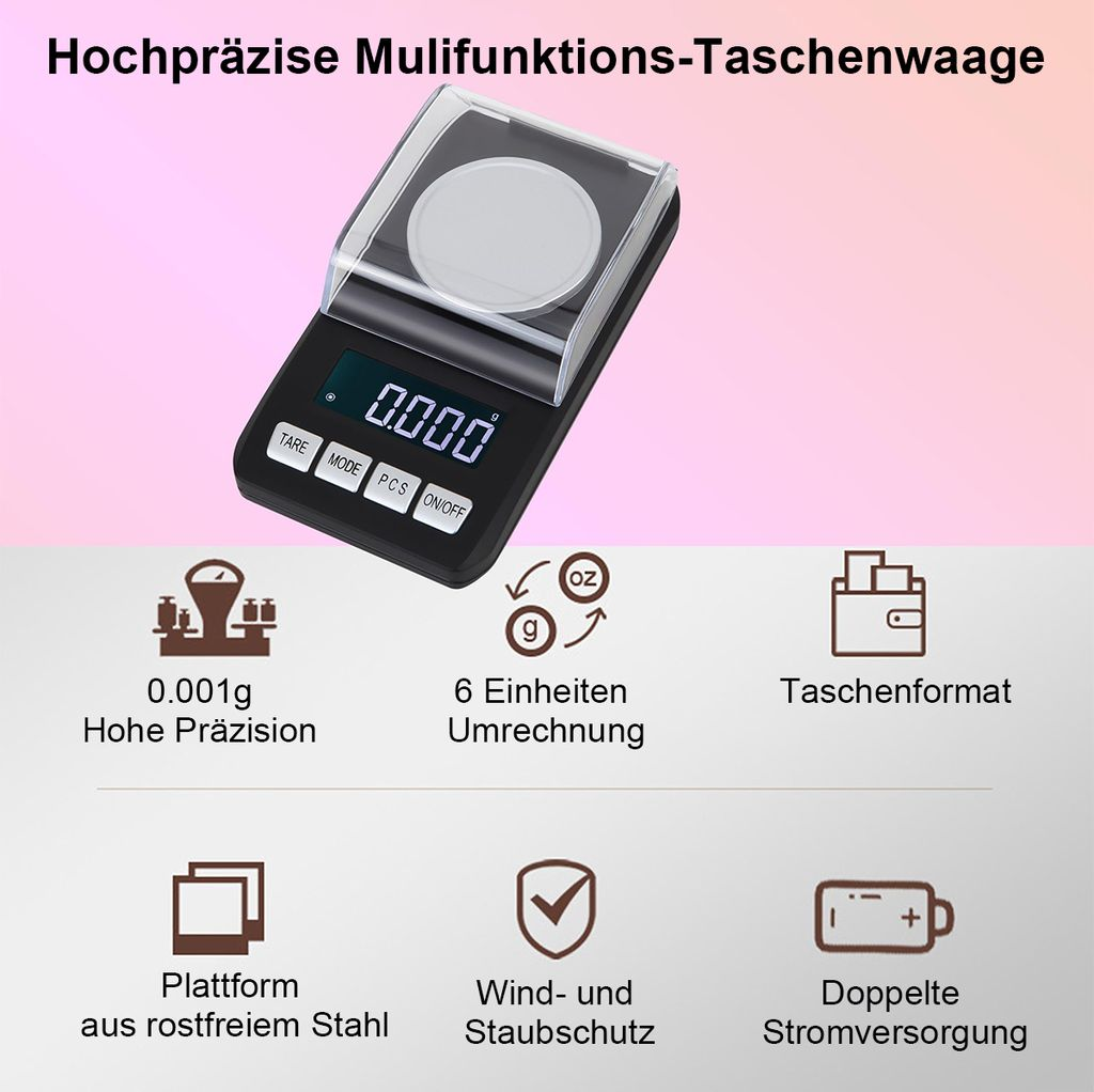 Eine digitale Taschenwaage mit klarer Anzeige und mehreren Funktionen.