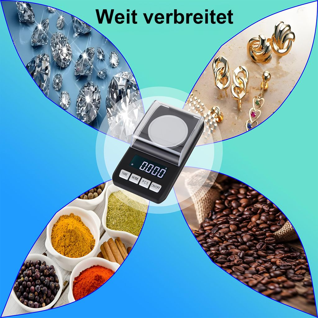 Digitale Waage neben Diamanten, Schmuck, Gewürzen und Kaffeebohnen.