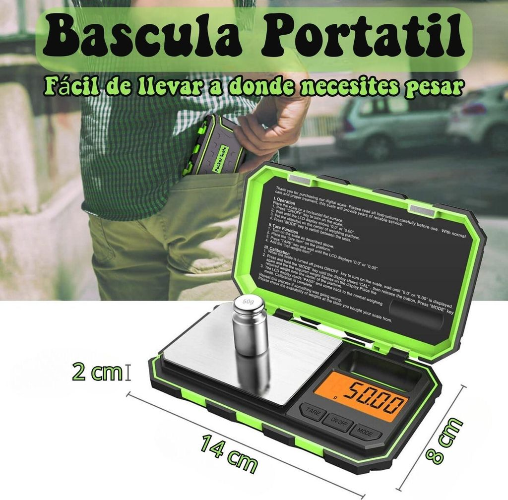 Eine digitale Waage mit 50g Gewicht, LCD-Anzeige und Anleitung. Maße: 14x8cm.