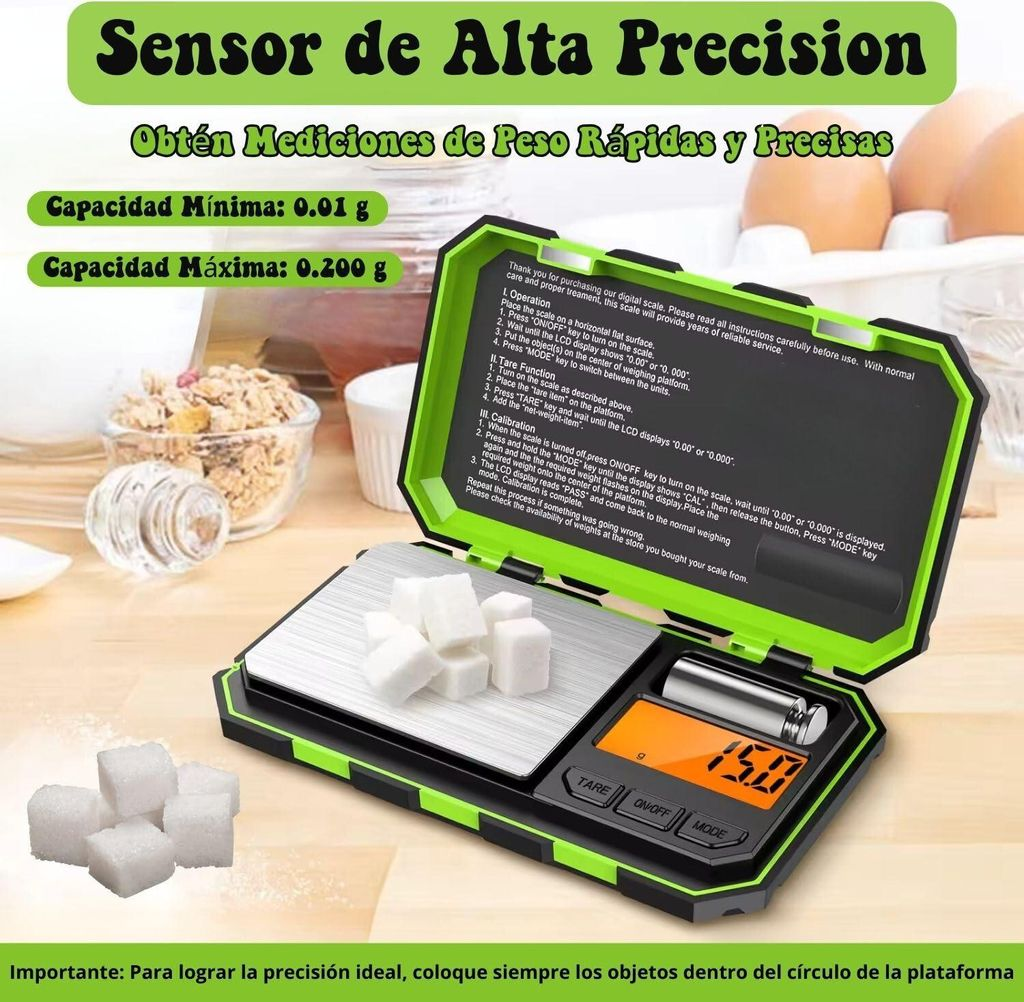 Präzisionswaage mit Zuckerwürfeln und Anleitung, Anzeige 15.0g.